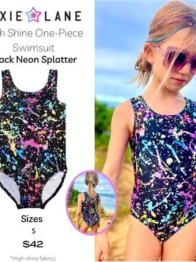 Pixie Lane Kids' Black Neon Splatter One-Piece Swimsuit